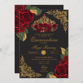 Invitación Roses Roses Roses Negro Purpurina Tiara Quinceañer
