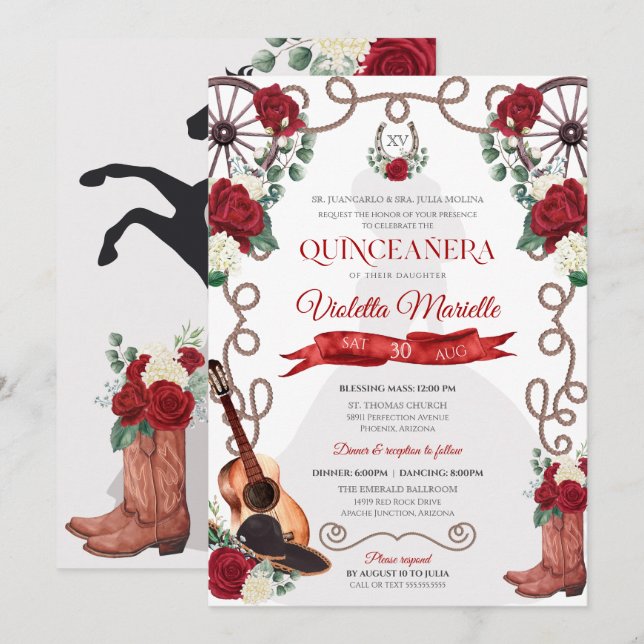 Invitación Roses Roses Roses Occidente Quinceañera Elegante C (Anverso / Reverso)
