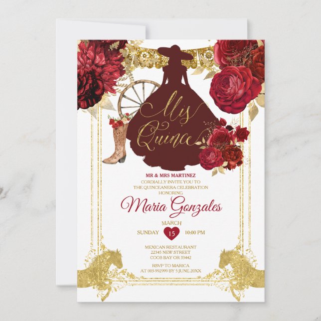 Invitación Roses Roses Roses Oro Mis Quince 15 Anos Quinceañe (Anverso)