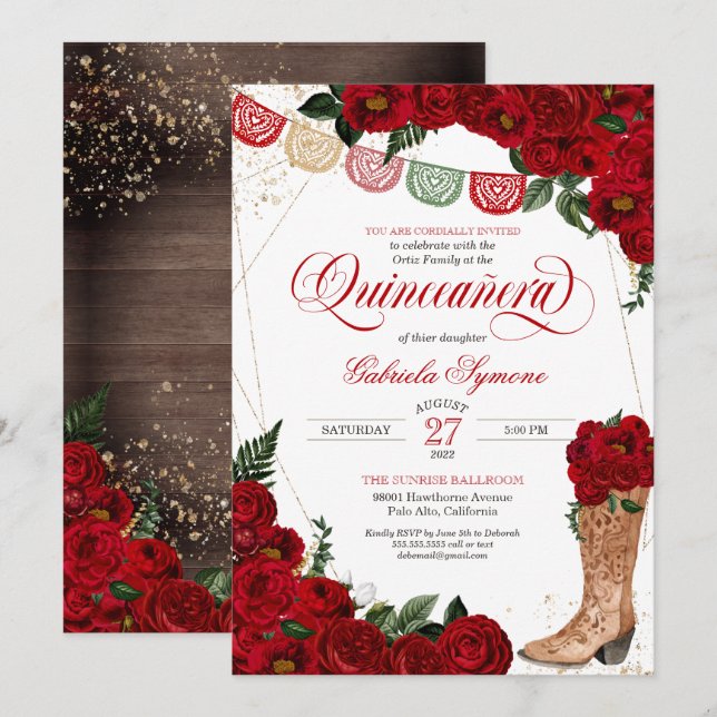 Invitación Roses Roses Rústicos Charro Occidental Boots Quinc (Anverso / Reverso)