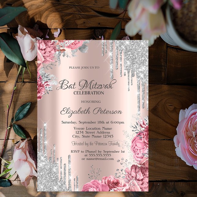 Invitación Roses Silver Glitter Drips Rose Gold Bar Mitzvah (Subido por el creador)
