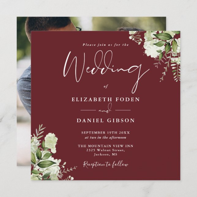 Invitación Rosewood Pink Greenerenery Floral Photo Square Bod (Anverso / Reverso)