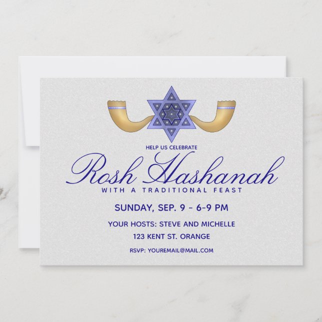 Invitación Rosh Hashanah Estrella Azul de David y Shofars de  (Anverso)