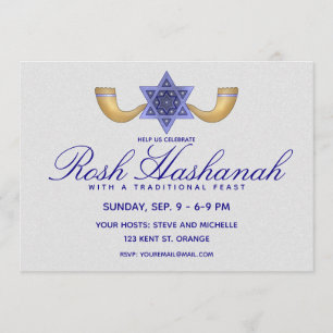 Invitación Rosh Hashanah Estrella Azul de David y Shofars de 