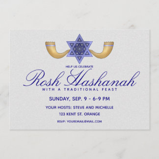 Invitación Rosh Hashanah Estrella Azul de David y Shofars de