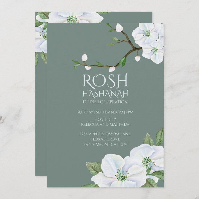 Invitación Rosh Hashanah White Apple Blossom (Anverso / Reverso)