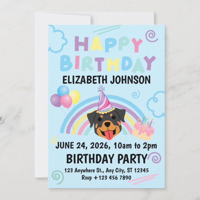 Invitación Rottweiler Birthday Invitation in Blue (Anverso)