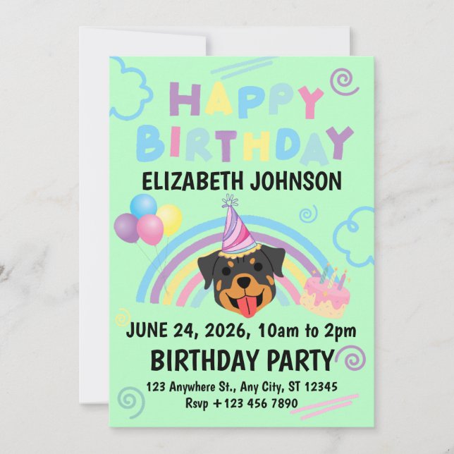 Invitación Rottweiler Birthday Invitation in Green (Anverso)
