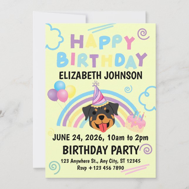 Invitación Rottweiler Birthday Invitation in Yellow (Anverso)