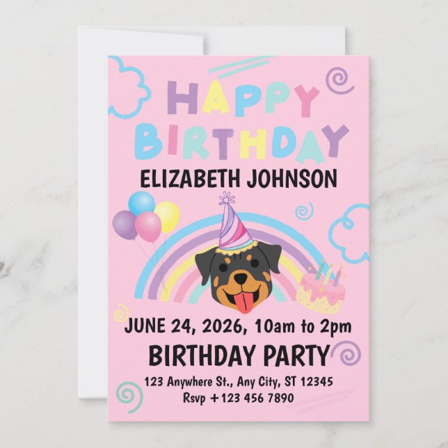 Invitación Rottweiler Birthday Party Invitation Pink (Anverso)