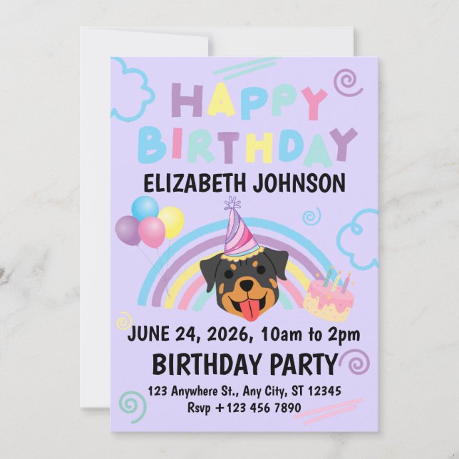 Invitación Rottweiler Birthday Party Invitation Purple (Anverso)