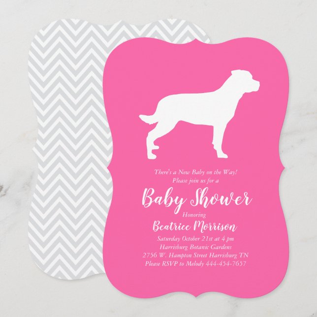 Invitación Rottweiler Dog Baby Shower Chica rosa Rottie (Anverso / Reverso)