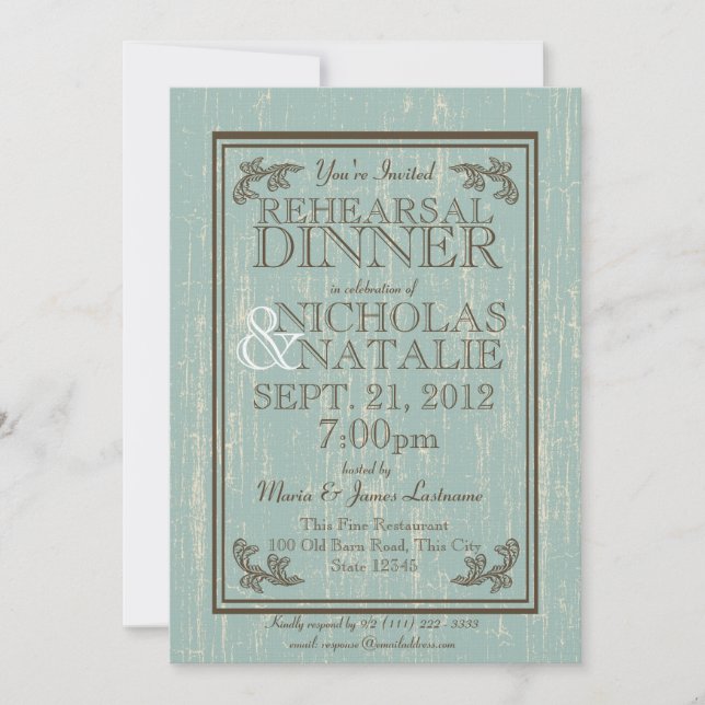 Invitación Rótulo antiguo de madera 5 x 7 Cena de ensayo (Anverso)