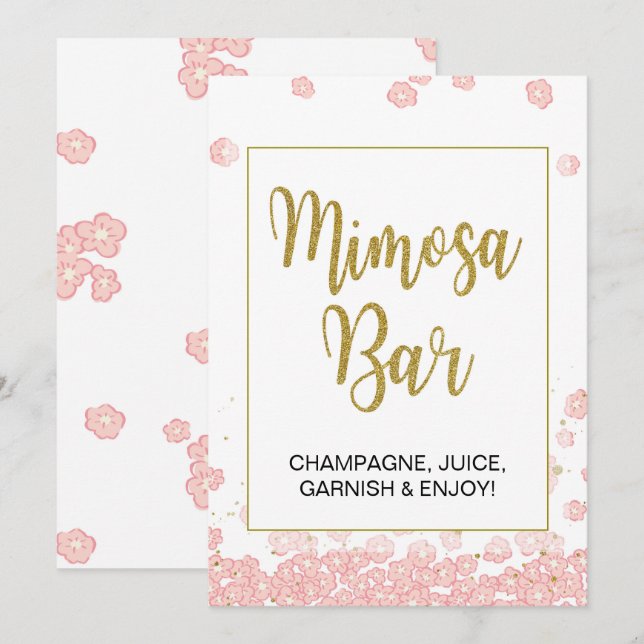 Invitación Rótulo Bar Mimosa | Ducha de novias rosa y dorada (Anverso / Reverso)