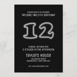 Invitación Rótulo Blanco Neón 12a fiesta de cumpleaños de mod
