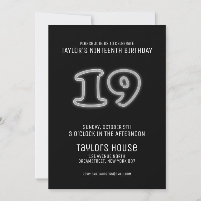 Invitación Rótulo Blanco Neón 19.ª fiesta de cumpleaños a la  (Anverso)