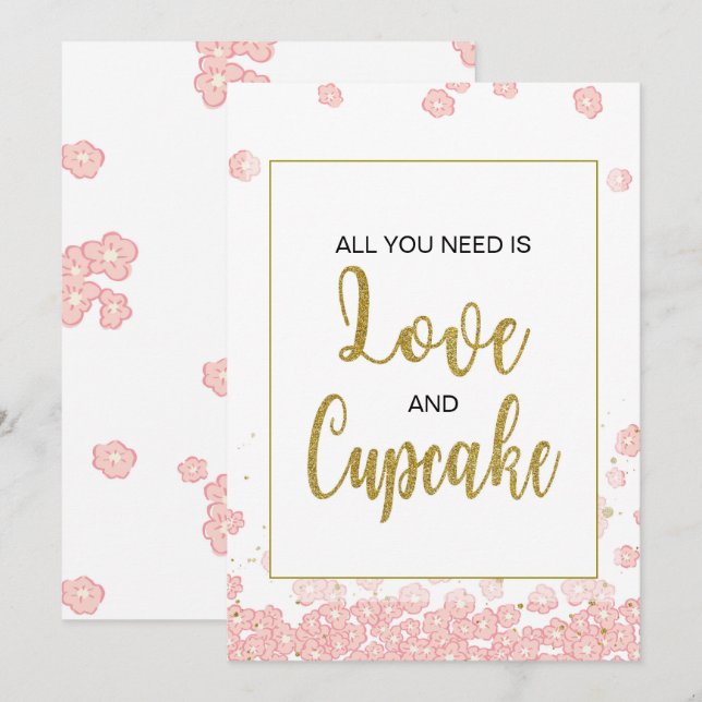 Invitación Rótulo Cupcake Bridal Shower | Rosa y oro (Anverso / Reverso)