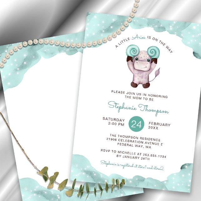 Invitación Rótulo de Aries Celestiales Mint Baby Shower (Celestial Aries Astrology Sign Mint Baby Shower Invitation)