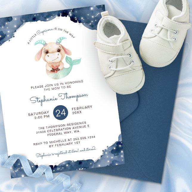 Invitación Rótulo de Astrología de Capricornio Celeste Baby S (Celestial Capricorn Astrology Sign Baby Shower Invitation)