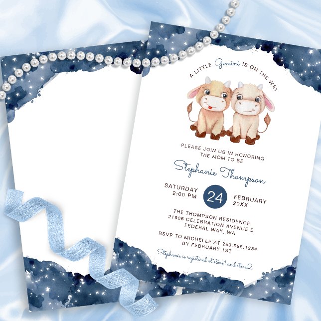 Invitación Rótulo de Astrología Gemini Celestial Baby Shower (Celestial Gemini Astrology Sign Baby Shower Invitation)