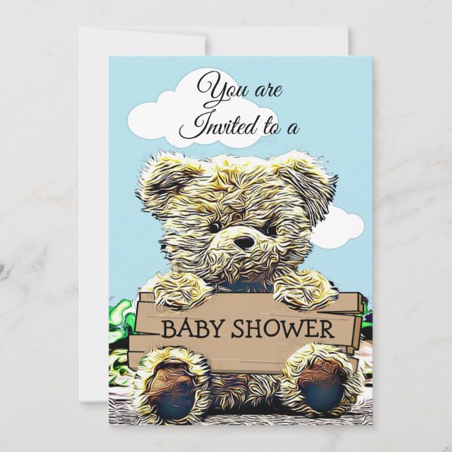 Invitación Rótulo de Baby Shower con soporte de oso de peluch (Anverso)