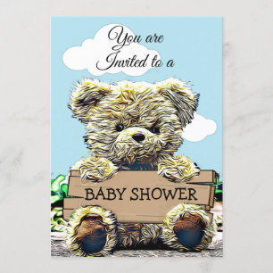 Invitación Rótulo de Baby Shower con soporte de oso de peluch