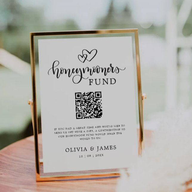 Invitación Rótulo de código QR del fondo moderno de luna de m (Modern Honeymoon Fund QR Code Sign, Wedding Invitation)