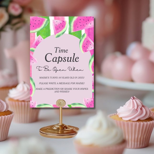Invitación Rótulo de la sandía rosa de la cápsula del cumplea (Birthday Time Capsule Pink Watermelon Sign)
