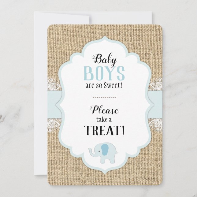 Invitación Rótulo de mesa de Baby Shower azul Burlap Lace (Anverso)
