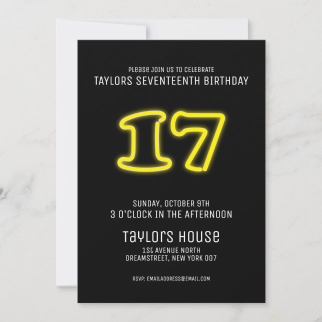 Invitación Rótulo de Neón Amarillo 17ª fiesta de cumpleaños d (Anverso)