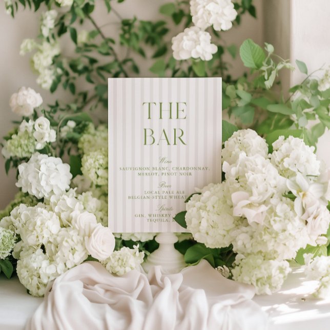 Invitación Rótulo elegante Sage Green & Beige Boda Bar (Elegant Sage Green & Blue Striped Wedding Bar)