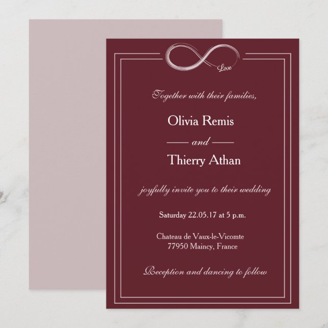 Invitación Rótulo infinito Borgoña Rubor Boda Elegante Blanca (Anverso / Reverso)
