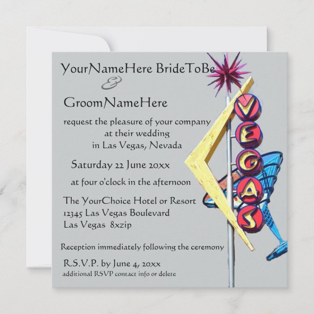 Invitación Rótulo Neon, Boda de Las Vegas, sobre gris platead (Anverso)