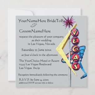 Invitación Rótulo Neon, Boda de Las Vegas, sobre gris platead