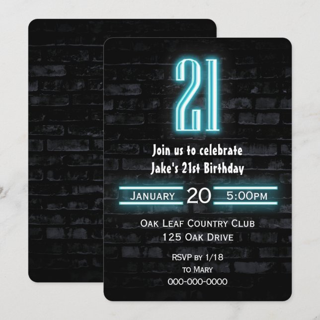 Invitación Rótulo Neon, Fiesta de cumpleaños 21, en ladrillo (Anverso / Reverso)