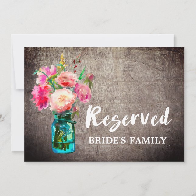 Invitación Rótulo reservado de Mason Jar y Boda de Flores Rús (Anverso)