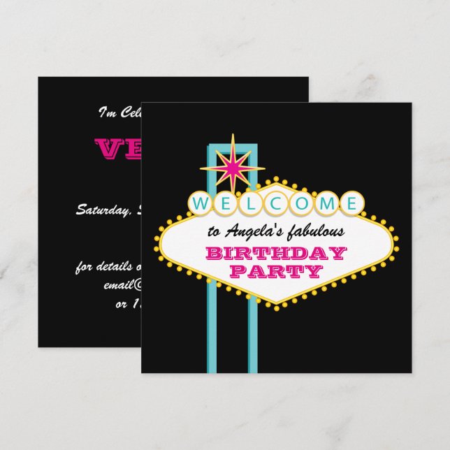 Invitación Rótulo rosa Fiesta de Las Vegas (Anverso / Reverso)