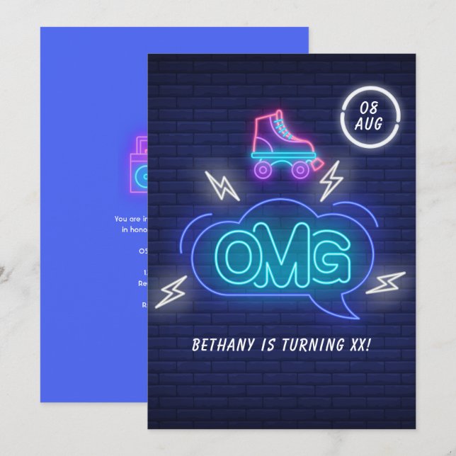 Invitación Rótulos Retro Neon Cumpleaños (Anverso / Reverso)