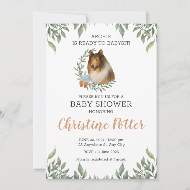 Invitación Rough Collie Dog Greenery Boho Baby Shower (Anverso)