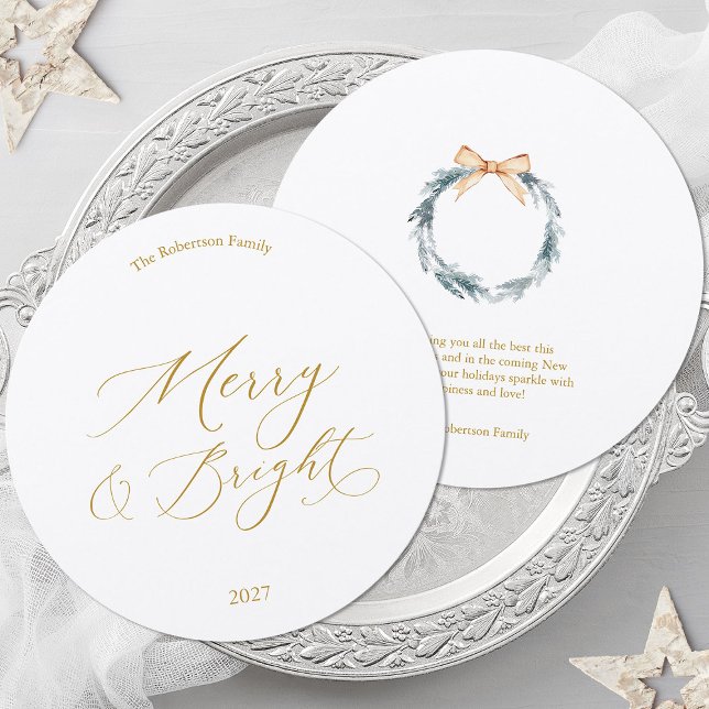 Invitación Round Christmas Card with Gold Script and Wreath (Subido por el creador)