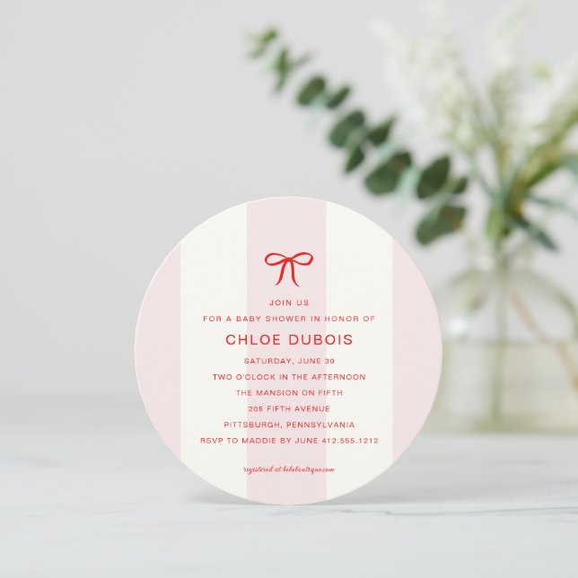 Invitación Round Coquette Bow Blush Pink Striped Baby Shower  (Anverso de pie)