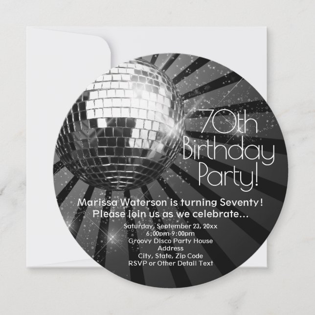 Invitación Round Disco Ball 70 cumpleaños (Anverso)