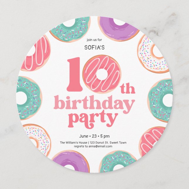 Invitación Round Donut Party Girl 10th Birthday Invitation (Anverso)
