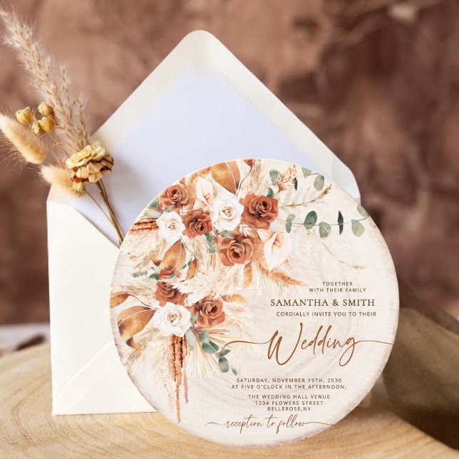 Invitación Round Wood Grain Boho Pampas Grass Photo Wedding  (Subido por el creador)