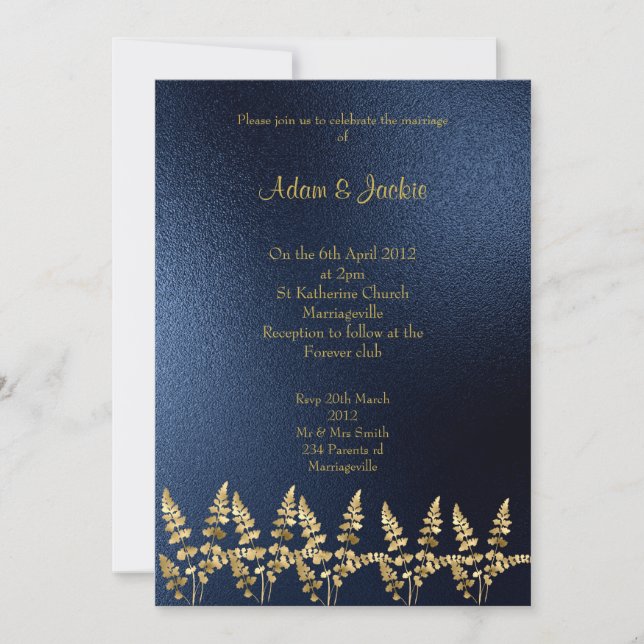 Invitación ROYAL AZUL hoja de oro ELEGANTE BODA DE CLASES (Anverso)