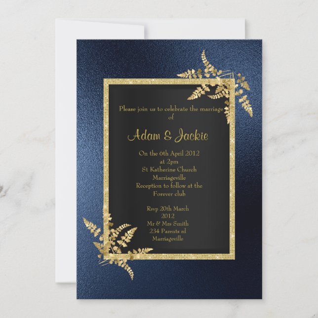 Invitación ROYAL AZUL hoja de oro ELEGANTE BODA DE CLASES (Anverso)