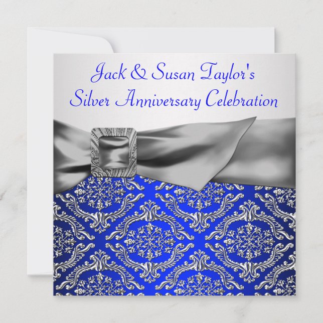 Invitación Royal Azul Plateado Damask Plateado 25 Aniversario (Anverso)