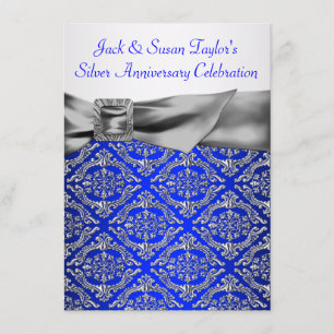 Invitación Royal Azul Plateado Damask Plateado 25 Aniversario