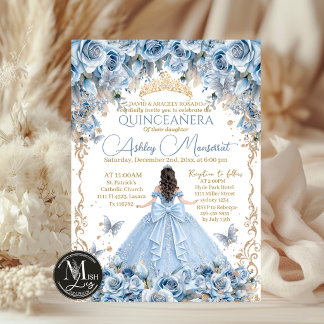 Invitación Royal Baby Blue Gold Crown Quinceañera