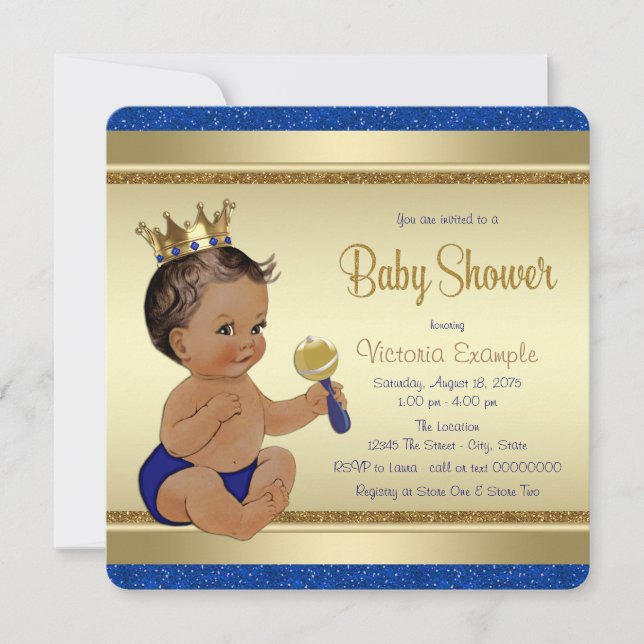 Invitación Royal Baby Boy Blue Gold Ethnic Prince Baby Shower (Anverso)